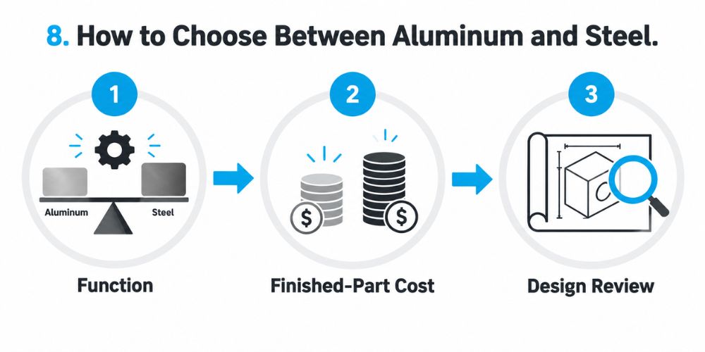 Aluminum vs Steel for CNC Machined Parts: Material, Machining and Lifecycle Cost Comparison 8 Aluminum vs Steel for CNC Machined Parts: Material, Machining and Lifecycle Cost Comparison 8